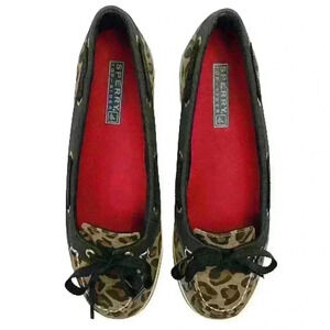 Sperry Top Sider Boat Shoes Leopard Tan Black White Gold Ribbon Laces Size 6M